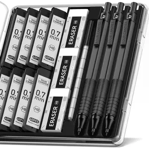 Four Candies Mechanical Graphite Pencil Set, 3pcs Black Metal Pencils with Anti-Skid Grip, Ideal for Artists, Professionals, Teachers and Students
