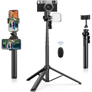 Extendable Tripod, 63" Selfie Stick Vlog Tripod Stand with 2 Phone Clips as Teleprompter, 300° Rotate Camera Holder For iPhone,Sony,Canon,DJI Osmo Nano, Lightweight for Travel, Black