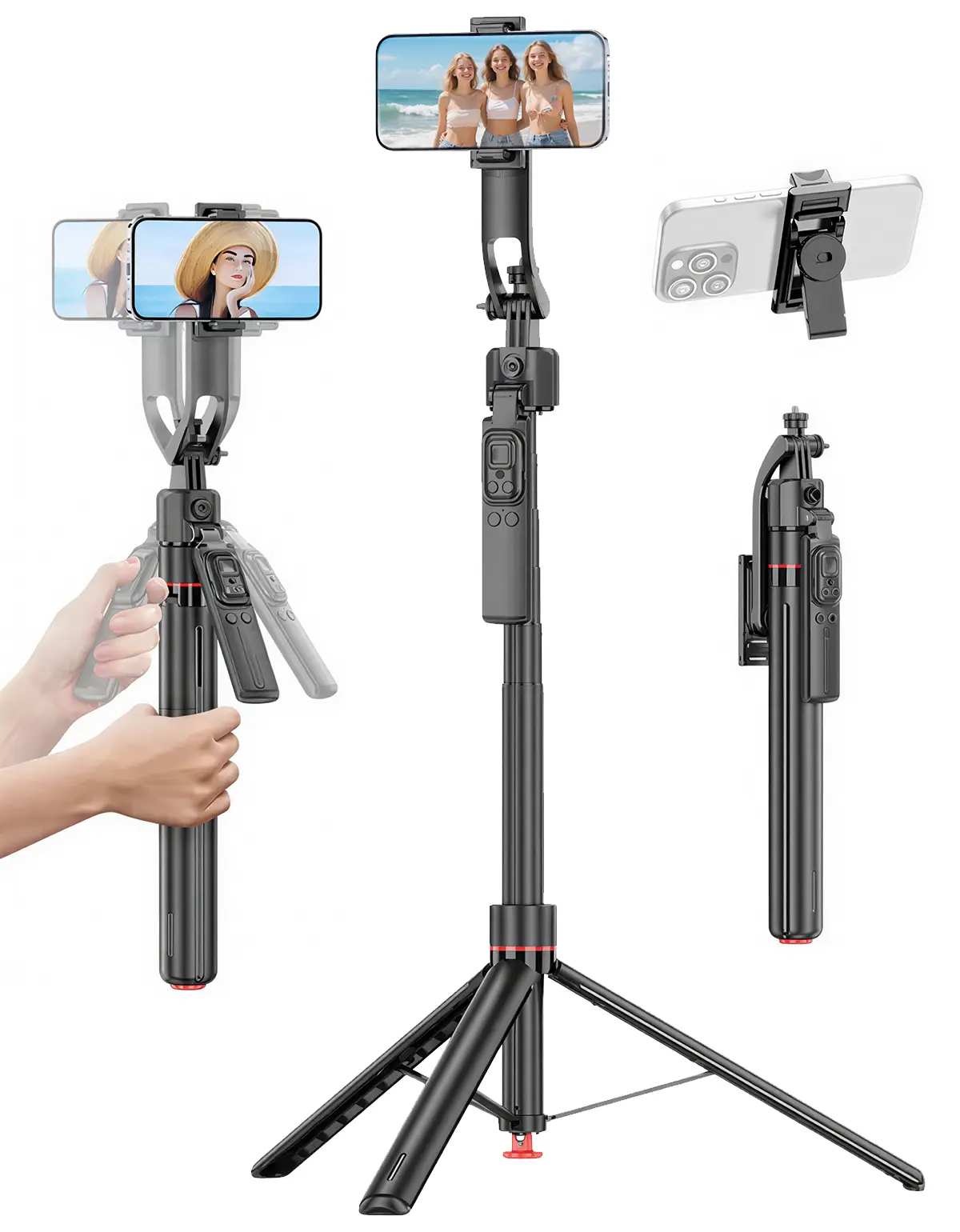 360° Rotatable Aluminium Auto Face Tracking Selfie Stick Tripod, Extendable Mobile Phone Accessory with Gesture Control, No App Required, Wireless Remote for iPhone & Android
