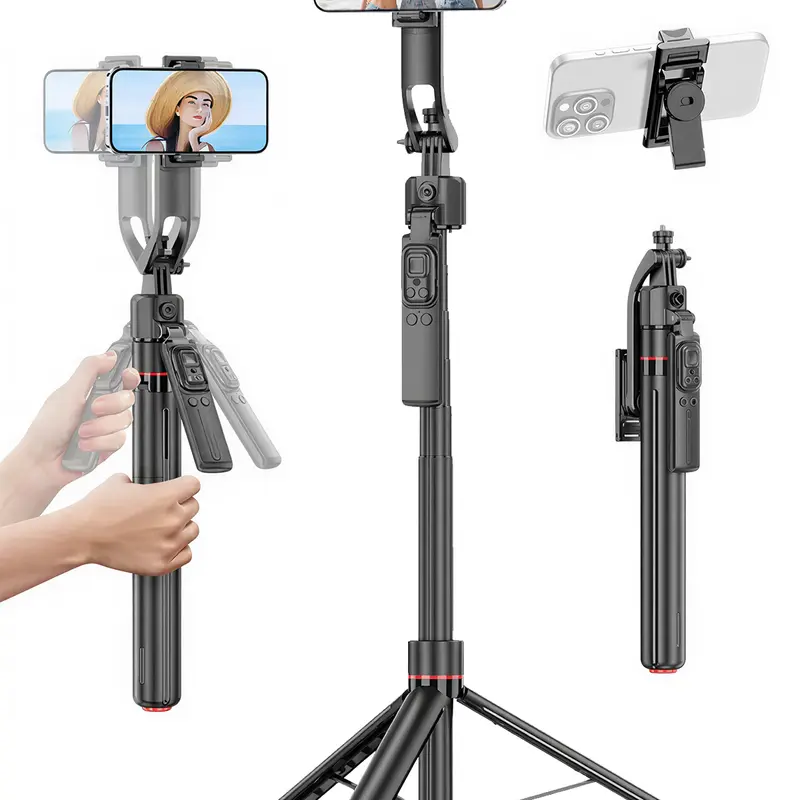 360° Rotatable Aluminium Selfie Stick Tripod for iPhone/Android Smartphones, Extendable Neutral Plastic Stabilizing Mount, Lithium Ion, Auto Face Tracking, Gesture Control, No App, Wireless Remote Shoot, Lightweight for Travel, Content Creators