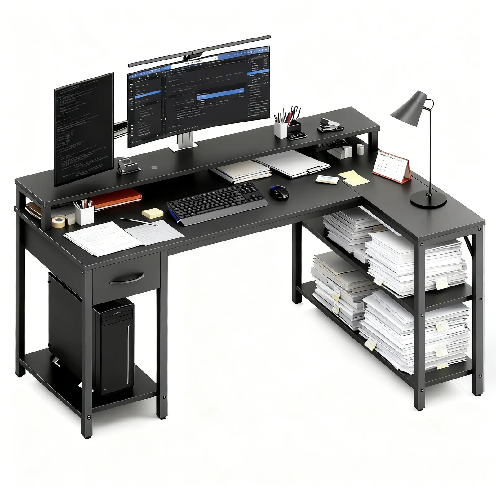 Gaming Desk with LED Lights & USB Charger - 47/53 Inch Reversible L-Shaped Computer Desk, Built-in Power Strip & Monitor Stand, RGB Gamer Desk for PC Gaming Setup