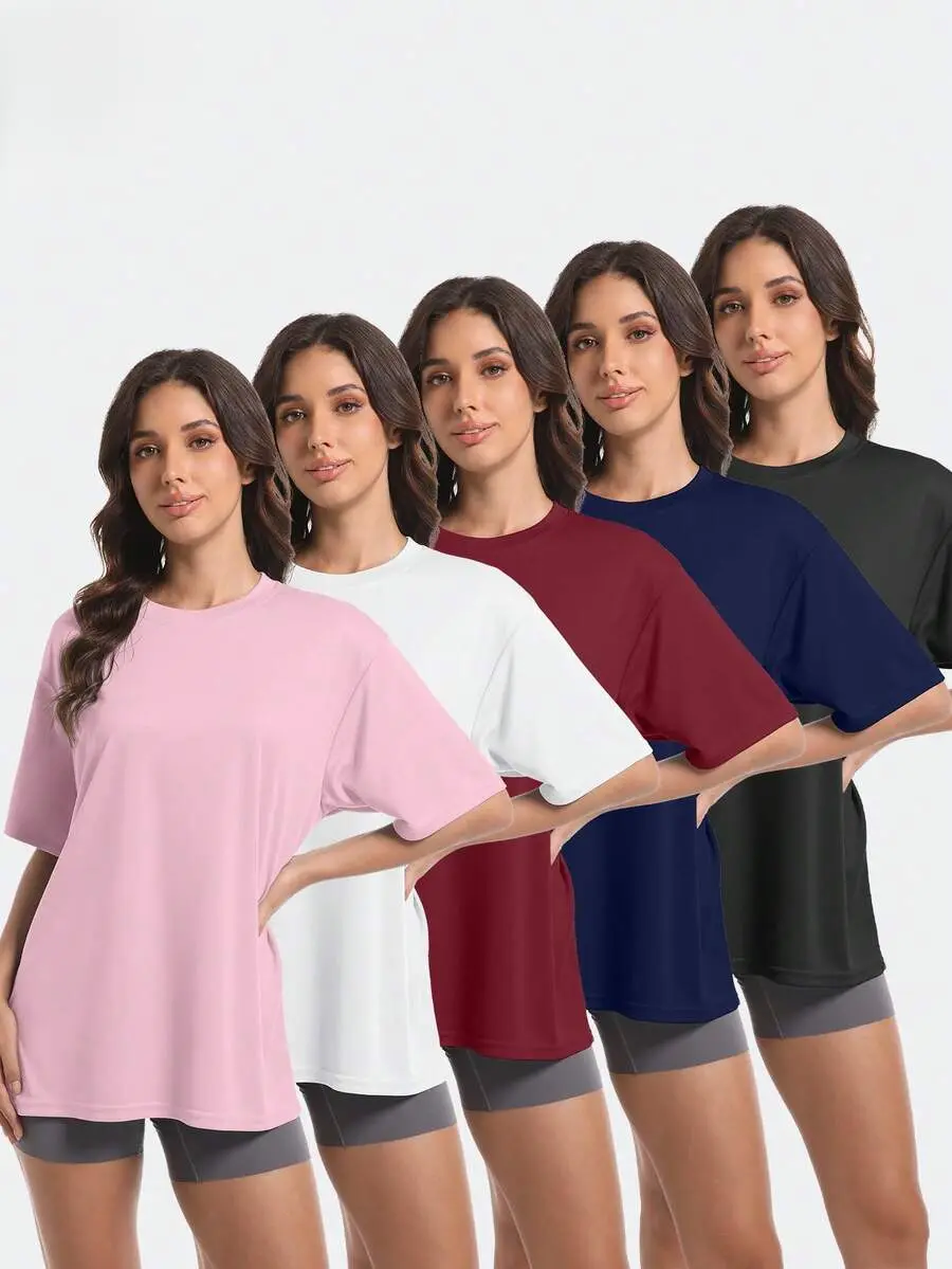 Women's 5-Piece Oversized Short-Sleeve Sports T-Shirt Set, Multi-Color Activewear, Comfortable Athletic Apparel for Gym & Home, T Shirts for Women, Oversized Tshirt,summerwins summerwins