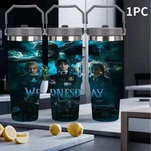 1pc 30oz Wednesday: Monsters, Mysteries, and Mayhem Stainless Steel Vacuum Insulated Bottle Cup, Dual-Layer Leak-Proof, Non-Slip Handle, Ideal for Hot/cold Drinks, Camping, Travel, Office