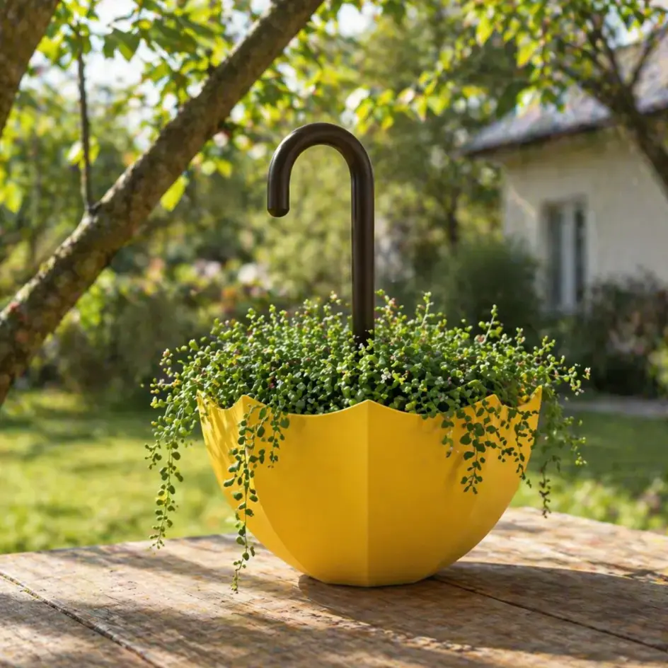 Cute Yellow Resin Umbrella-Shaped Flower Pot with Drainage Hole, Weatherproof Succulent Planter for Outdoor-Indoor Use, Hanging Garden Decor for Plant Lovers, Gardening Gift (Home Improvement Supplies)