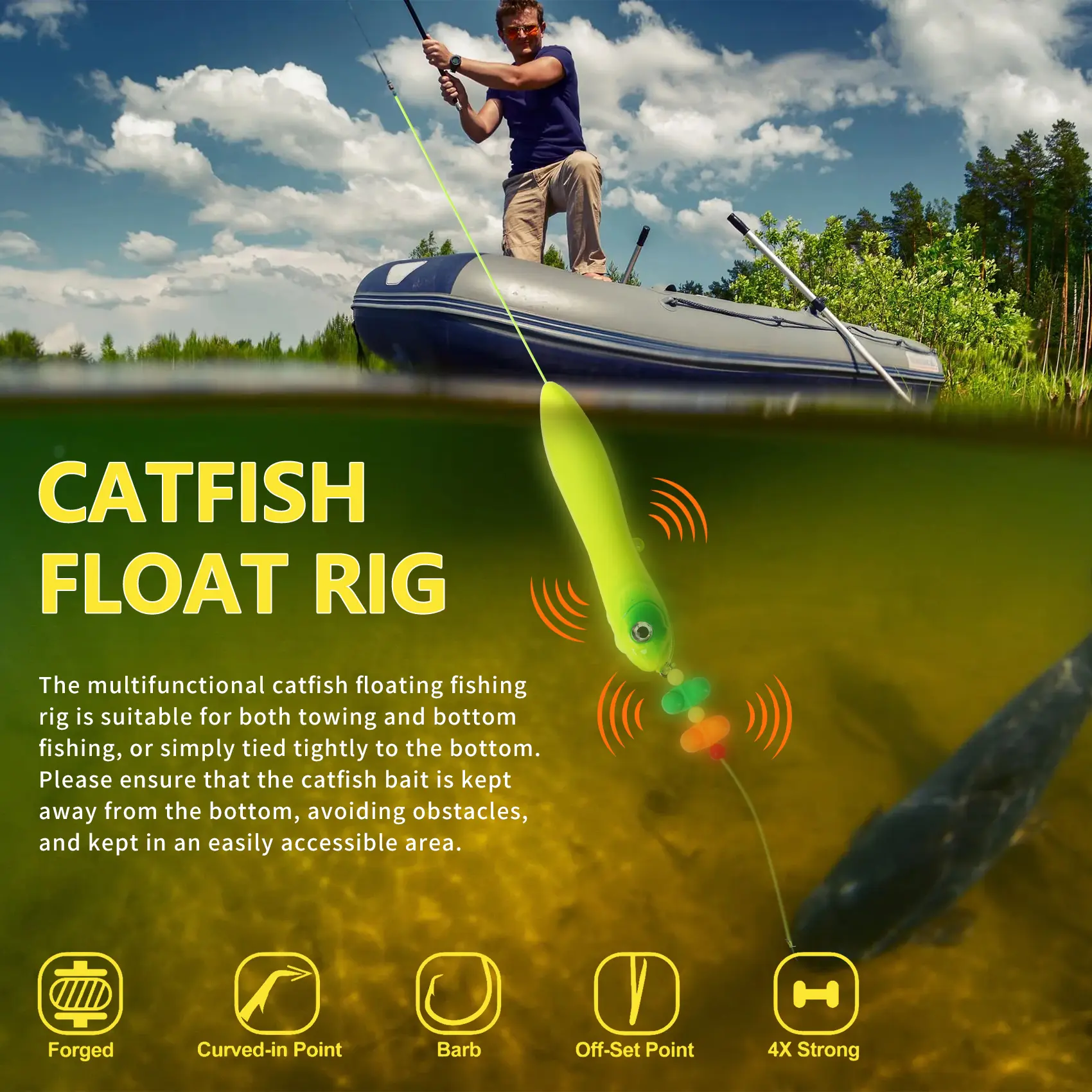 3PCS Catfish Rig-Santee Cooper Style Fishing Gear with Rattle Floats, 6/0,  8/0 Circle