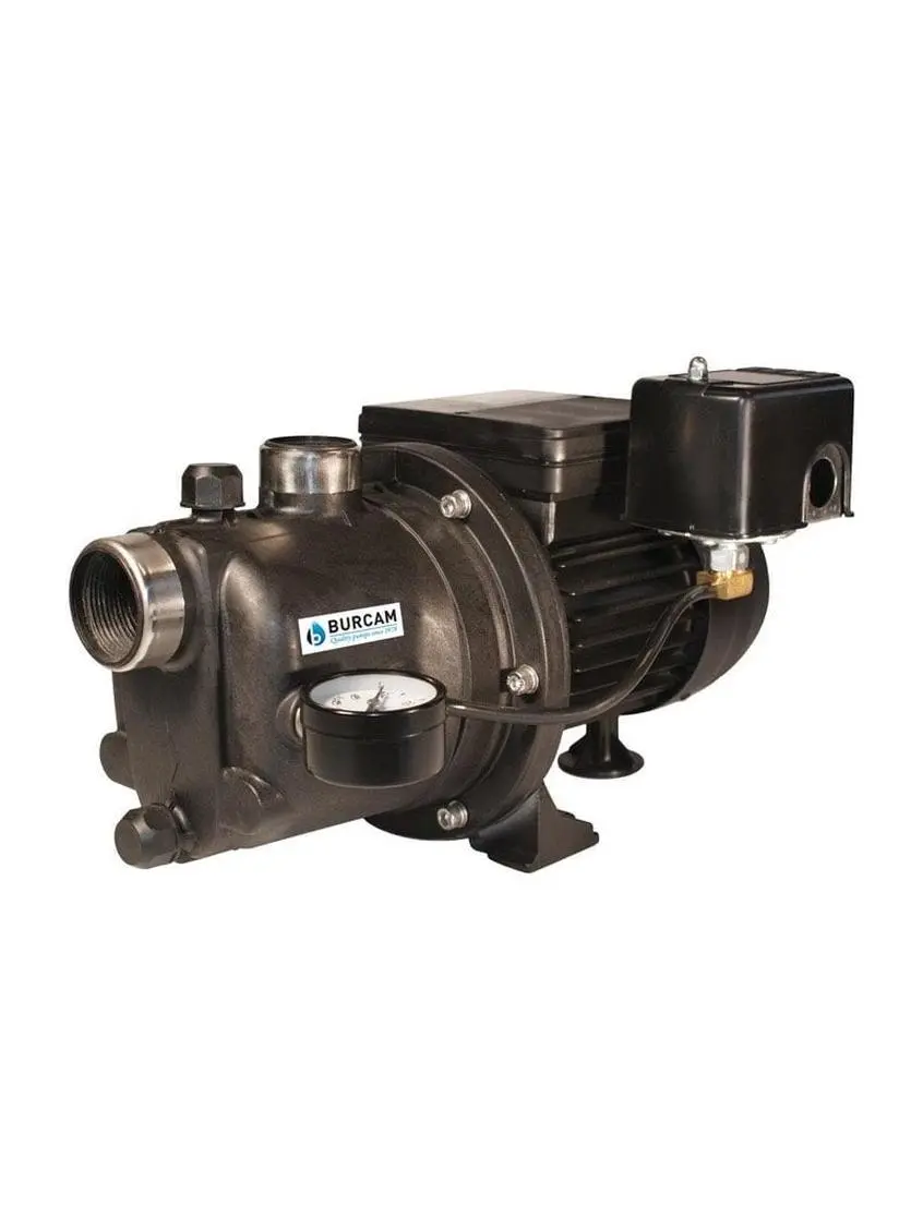 Burcam 3/4 HP Thermoplastic Shallow Well Jet Pump - 0.75 in, 25’ or less Depth Compatibility, 29 lbs, Corrosion Resistance, Fiberglass, Single Speed, Pressure Switch & Gauge Included, For Drinking Cleaner Water