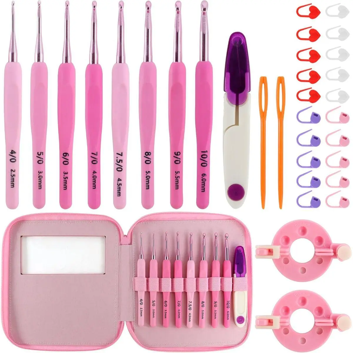 34PCS Crochet Hooks Set, 8 sizes 2.5-6 mm High-Quality Pink Gradient Aluminum Ergonomic Soft Handle Crochet with Case and Crochet Kit for Beginners Adults for Arthritic Hands Crochet Needle Set