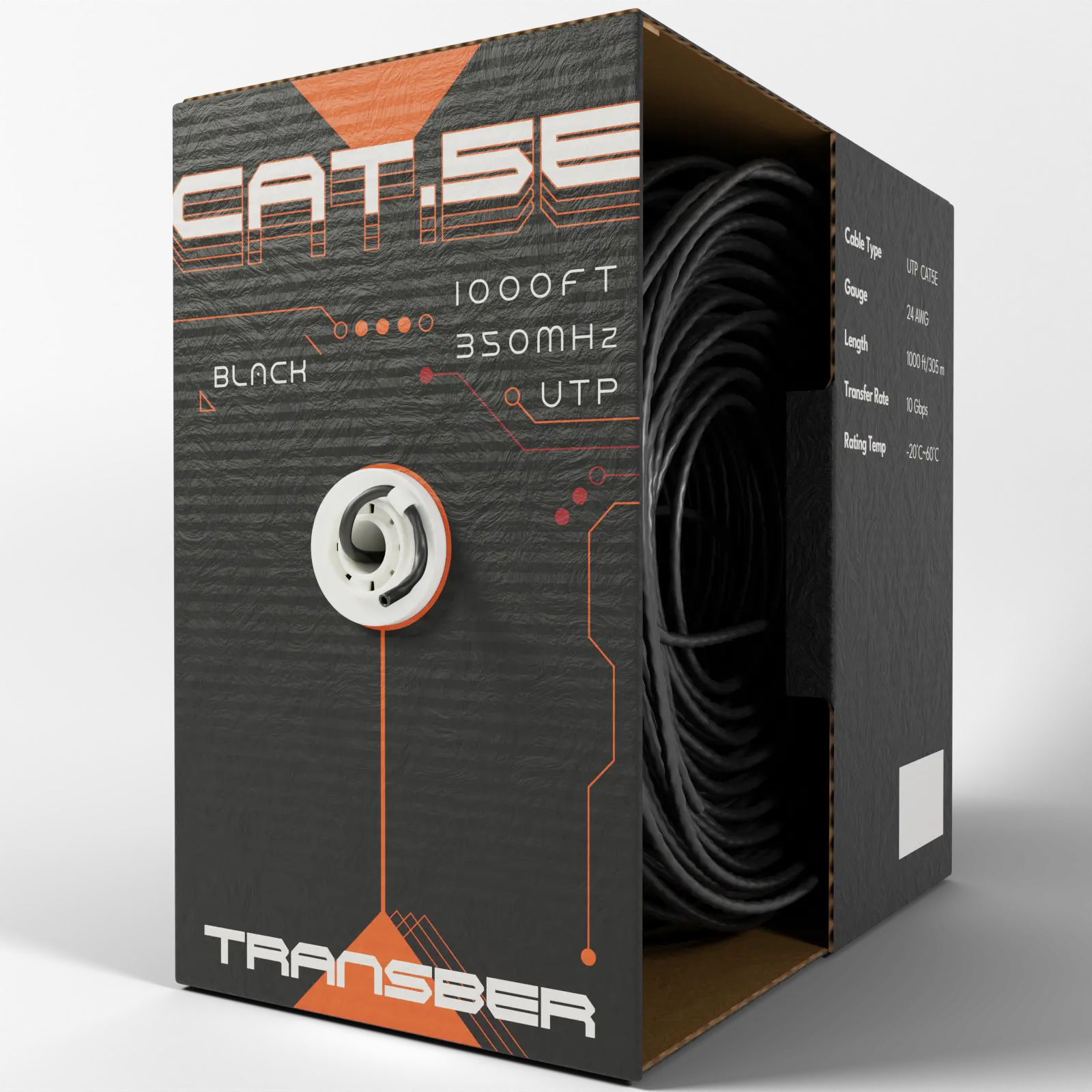 Transber CAT5E UTP Ethernet Cable - 1000ft Black, 10Gbps 350MHz Frequency, Durable, Reliable, High-Speed Data Network Wire for Home/Business Outdoor Burial Robust Connectivity