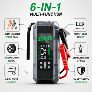 7000A Peak Car Jump Starter with Air Compressor, Portable Battery Booster for Up to 12L Gas & 12L Diesel Engines, 12V Auto Battery Jump Box with LED Light and LCD Display