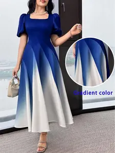 Summer Elegant Gradient Color Bubble Sleeve Dress, Women's Square Neck Short Dress for Party Vacation, Stylish Medium-Length Gown, Formal Elegant Dress, Birthday Party Dresses, Chic, Womenswear