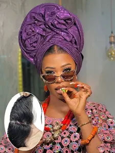 Breathable & Lightweight Full Lace Half Wig for Gele Turban Human Hair Hairpieces , 10 Inch Glueless Lace Frontal Pre Cut Hairline with Braided, Natural Fluffy Hair Half Wigs for Women