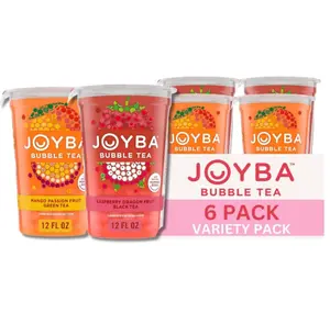 Joyba Bubble Tea Variety Pack, Mango Passion Fruit Green Tea & Raspberry Dragonfruit Black Tea with Popping Boba, 6 Pack, 12 fl. oz. Cups