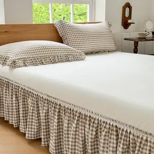 Tan Gingham Wrap Around Ruffled Bed Skirt with Lace, Grid Elastic Dust Ruffles for King Bed, 15 Inch Drop Farmhouse Cottage Pleated Bed Frame Cover(Tan Gingham, King)