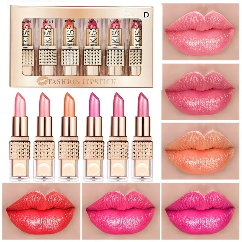 6-Piece Mermaid Shimmer Velvet Lipstick Set, Metallic Pearl Gloss Long-Lasting Lipstick, Nude, Shades, Perfect for Daily Wear, Glossy, Cosmetic