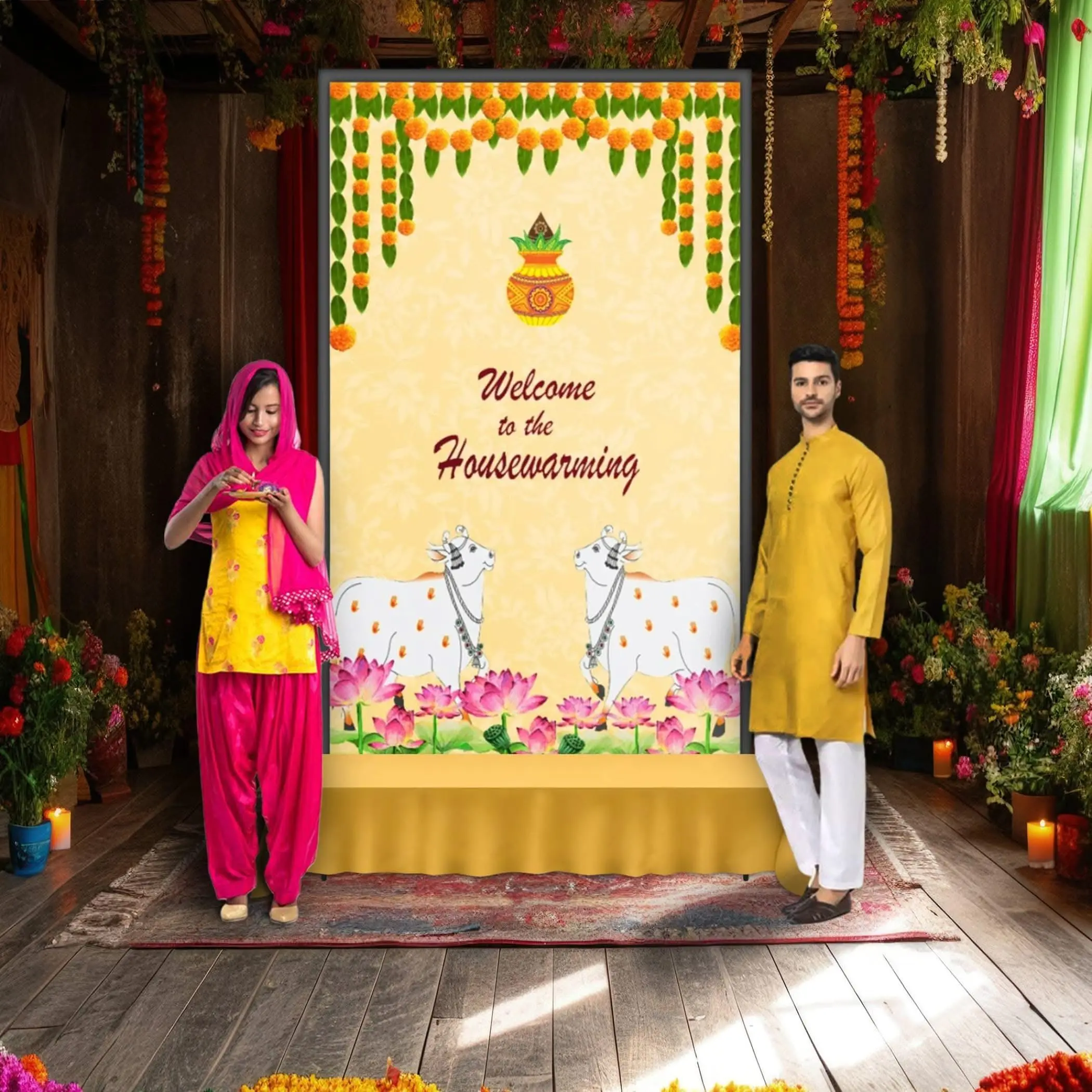 LoveNspire 5x8 ft Decorative Indian Housewarming Cloth Backdrop Banners | Elegant Cultural Wall Art for Pooja, Weddings | Timeless Festive Home & Party Supplies Gift