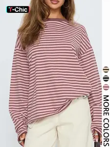 Women's Casual Striped Long Sleeve Pullover Top, All-Season Knit Fabric, Moderate Valentine's Day Thickening, Stylish Ladies' Fashion Apparel Valentine's Day, Knitted Pullover