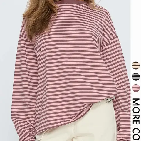 Women's Casual Striped Loose Long Sleeve Pullover Top, Moderate Thicken Knit Fabric All-Season Top for Valentine's Day, Stylish Ladies' Knit Tops