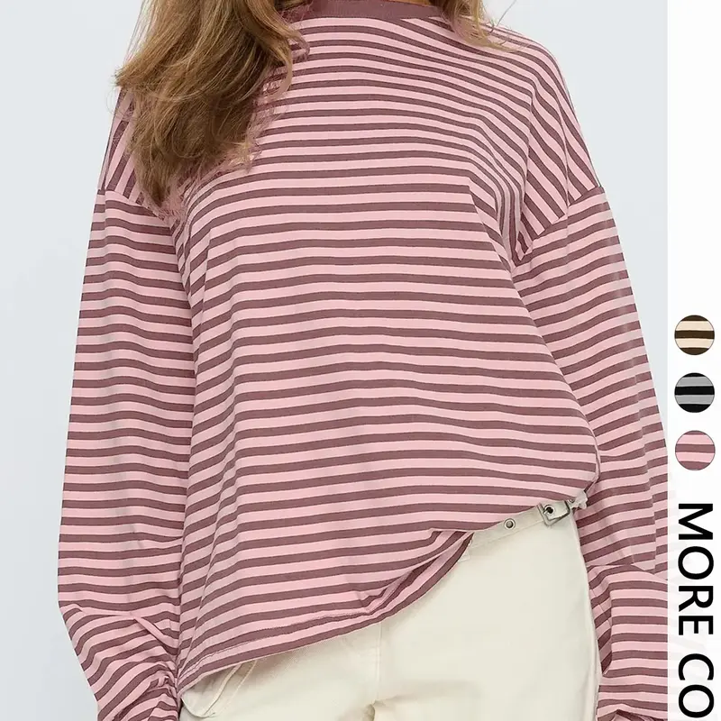 Women's Casual Striped Loose Long Sleeve Pullover Top, Moderate Thicken Knit Fabric All-Season Top for Valentine's Day, Stylish Ladies' Knit Tops