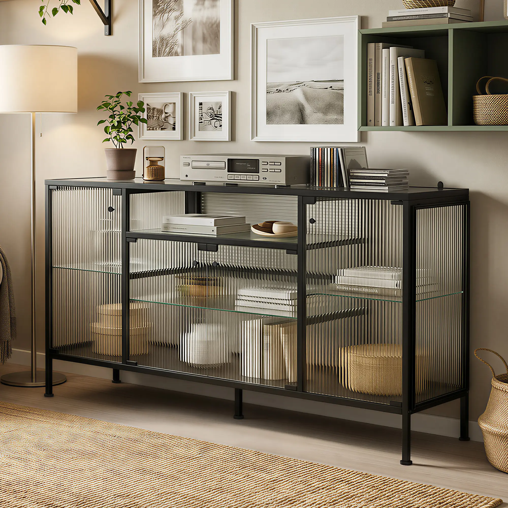 FUFU&GAGA 60" Wide Black Metal Sideboard with Fluted Glass Doors, Modern Credenza Buffet Cabinet with Adjustable Shelves for Living Room