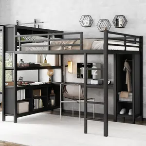 Metal Loft  with Wardrobe and L-Shaped Desk,  Size Loft  with Locker and Shelves, Heavy Duty Loft  for Kids, Teens and Adults, Easy to Assemble  metal bunk  twin     for queen floating   Heavy-Duty Storage Bed hovering frame fabric full