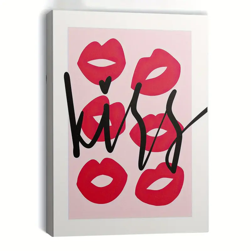 1 Piece Framed Canvas Poster - Modern Minimalist Style Red Lips and Kiss Couple Decoration, Soft Pink Background - Living Room, Bedroom, Office Wall Art - Valentine's Day, Anniversary, Housewarming Gift Choice - Framed Decoration, Cute Room Decorations, F
