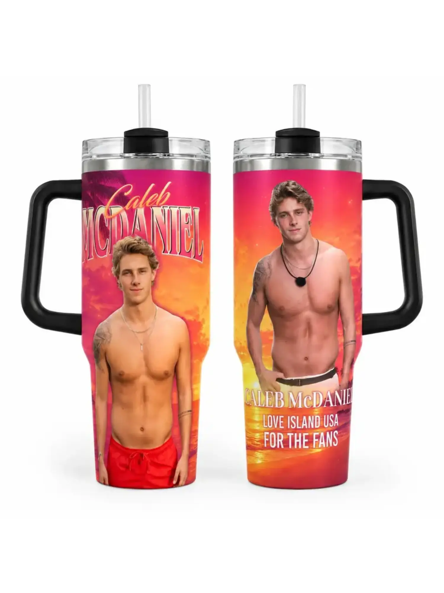 Caleb Love USA Tumbler, 30oz 40oz Reality TV Fan Cup With Handle, Sunset Beach Heartthrob Poster Drinkware, Fan Girl Gift, No Straw Bottle Portable