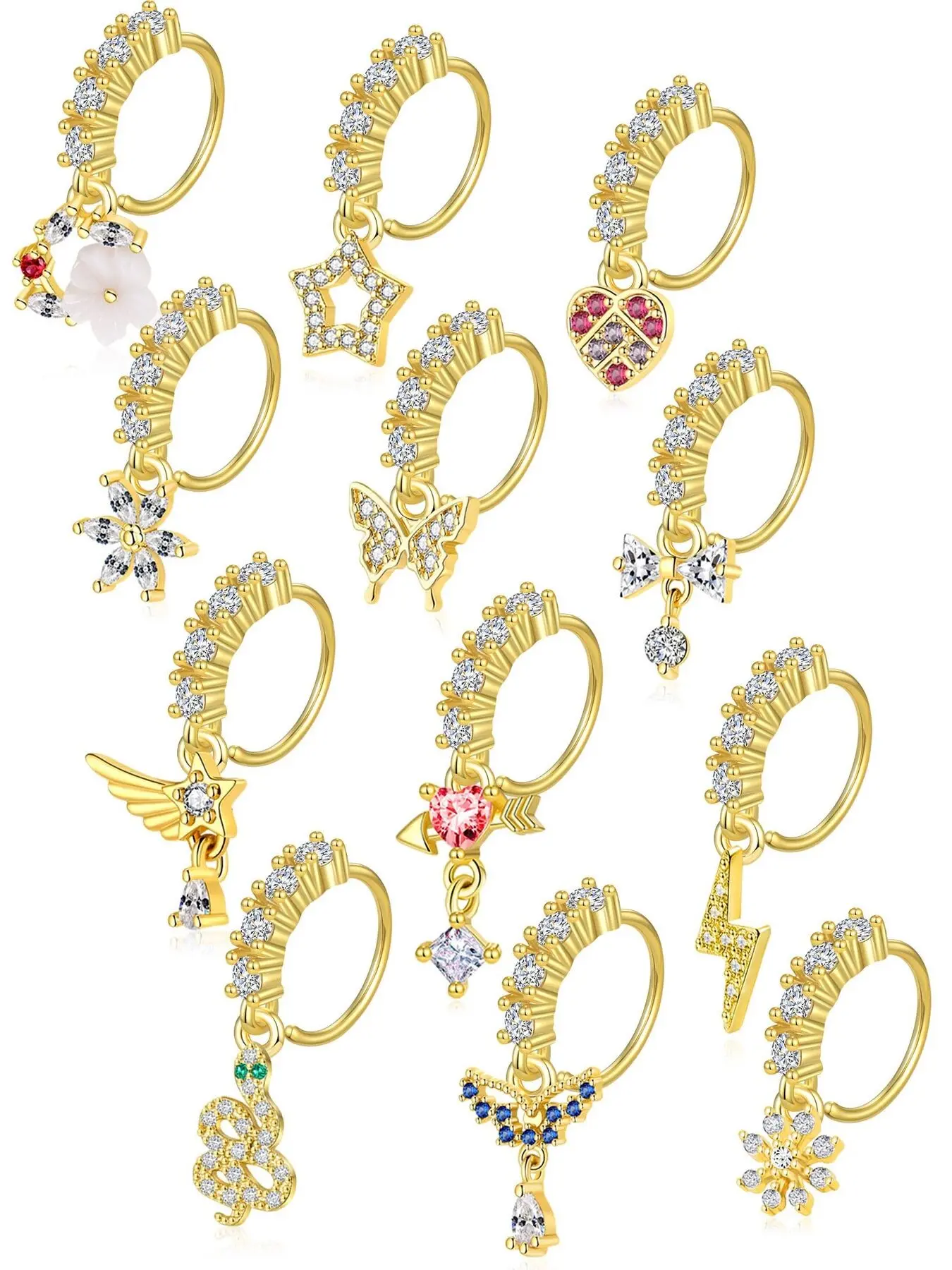 12Pcs Nose Ring Hoop Cartilage Earring Cute Leaf Star CZ Butterfly Paved Nose Piercing Jewelry for Women men Silver Gold Plated 20G