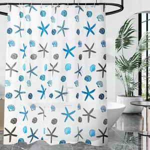 1pc Starfish Print Peva Shower Curtain, 71*71inches/180*180cm Lightweight Waterproof Bathroom Curtain with Rings, Ocean Theme Window Curtain Home Decor for Bathrooms, Hotels, Greenhouses, Bathroom Partitions