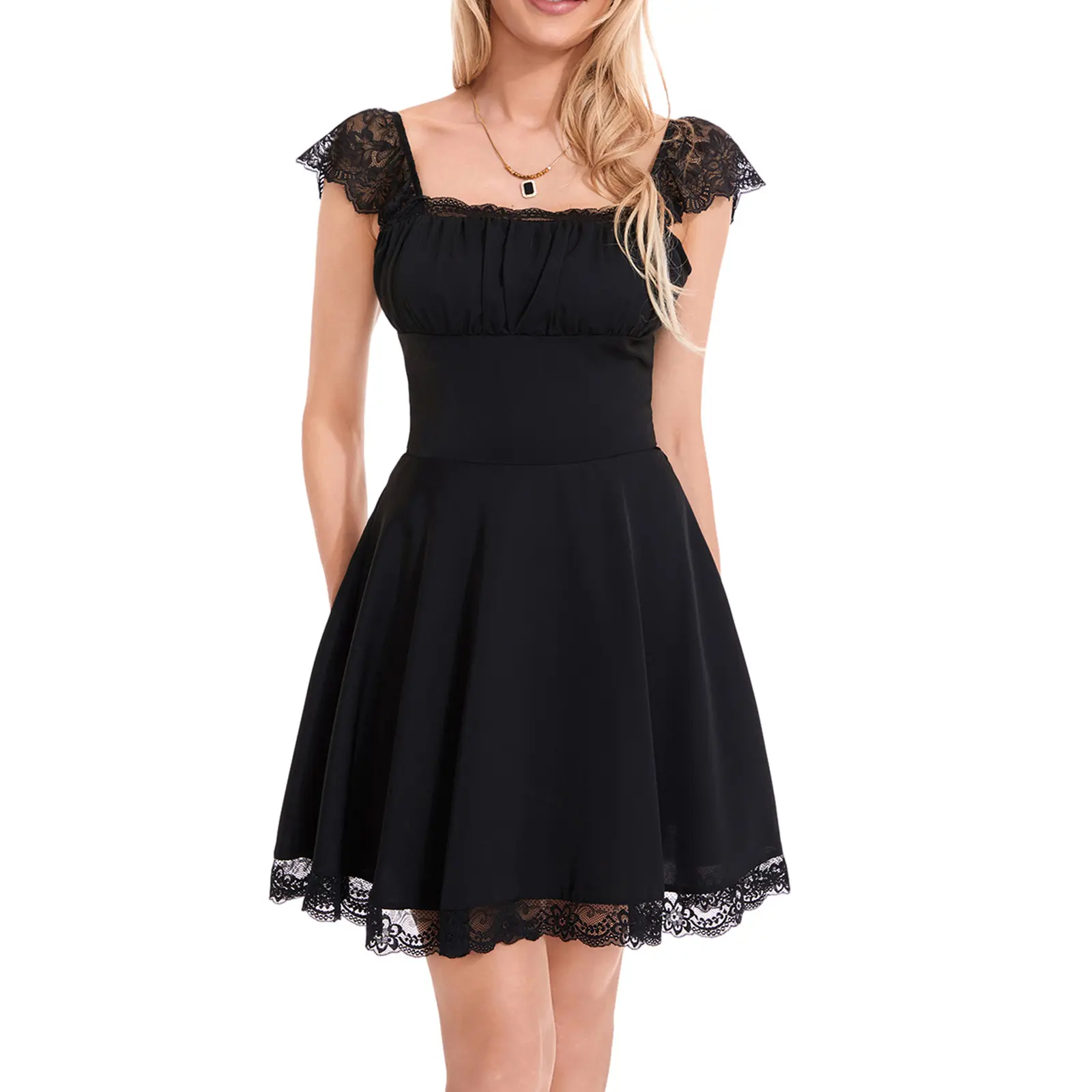 Women’s Vintage A-line Dress, Ladies Female Sweet Short Sleeve Ruched Bust Solid Color Flowy Short Mini Dress,Black or White