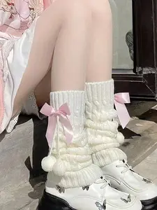 Women's Bowknot Knitted Leg Warmers Socks, Casual Fitted Winter Accessories, Cozy Ball Chain Design, Perfect for Cold Weather, One Pair