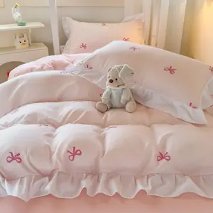 3pcs bow Print Bedding Set, Includes 1pc Duvet Cover + 2pcs Pillowcases（without comforter and pillow insert) for Girls Bedroom, Single Twin Double Queen Size bed