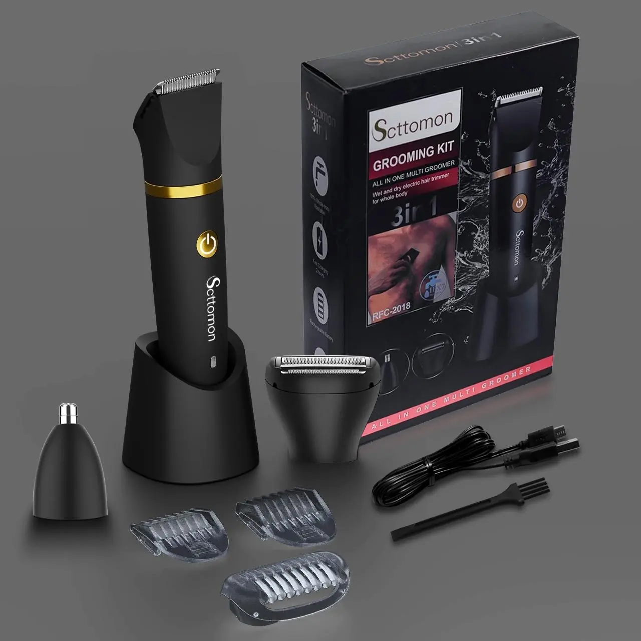Scttomon 3 in 1 Electric Body Hair Trimmer,Electric Grooming Trimmer for Men,Waterproof Electric Shaver Nose Hair Trimmer,Men's Hair Removal Device Cordless,Personal Grooming with Standing Recharge Dock