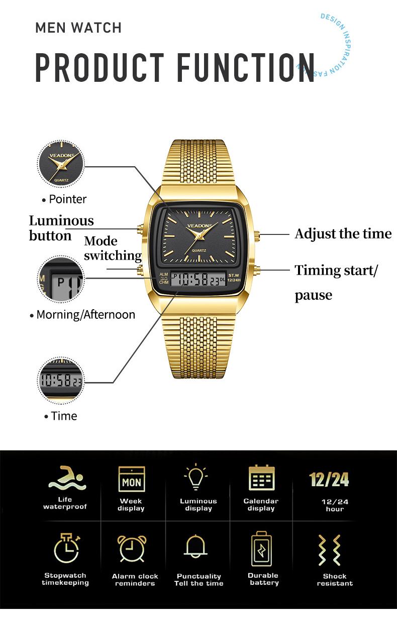Fashion Multifunctional Roman Retro Dual Time Zone Watch, Waterproof & Scratch-Resistant Digital Casual Watch with Luminous Display, Perfect New Year Gift