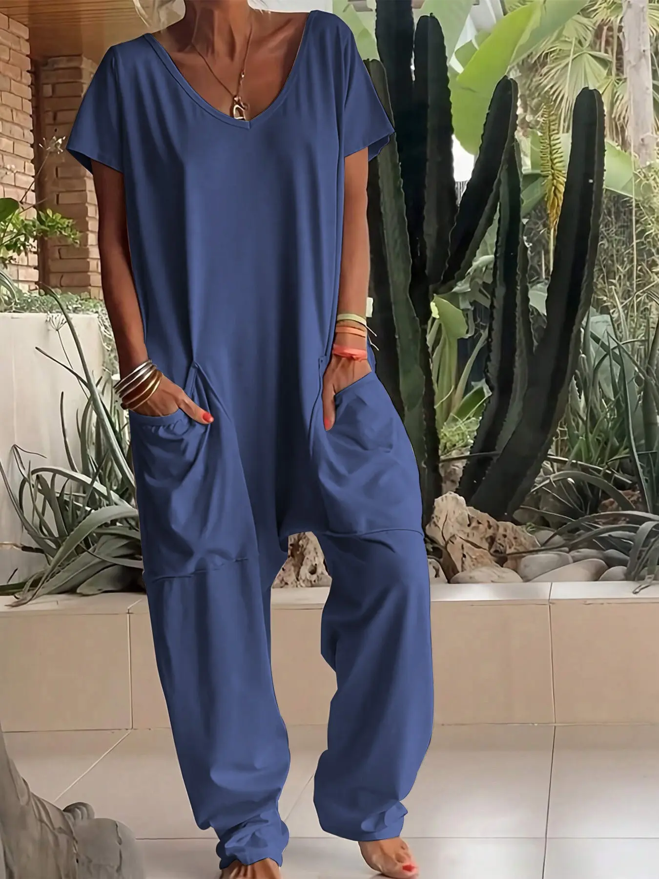 2026 Summer Women's Casual Fitted Short Sleeve V-Neck Long Hem Plain Color Loose Overalls with Pockets, Multiple Colors Available, Trendy Design