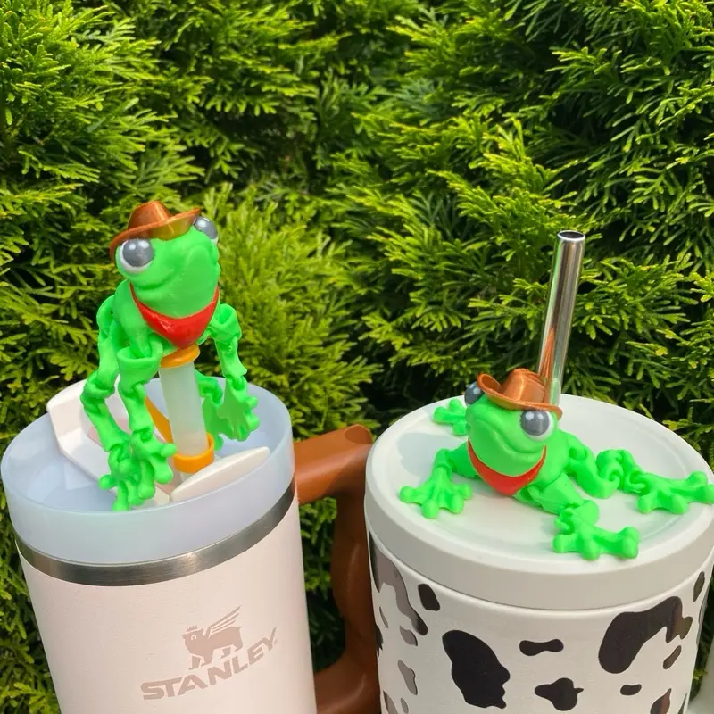Cowboy Tree Frog Articulated Cute Straw Toppers and Charms for Stanley Tumbers & 9.5mm Straws with Durable PLA Design - Stylish, Beverage