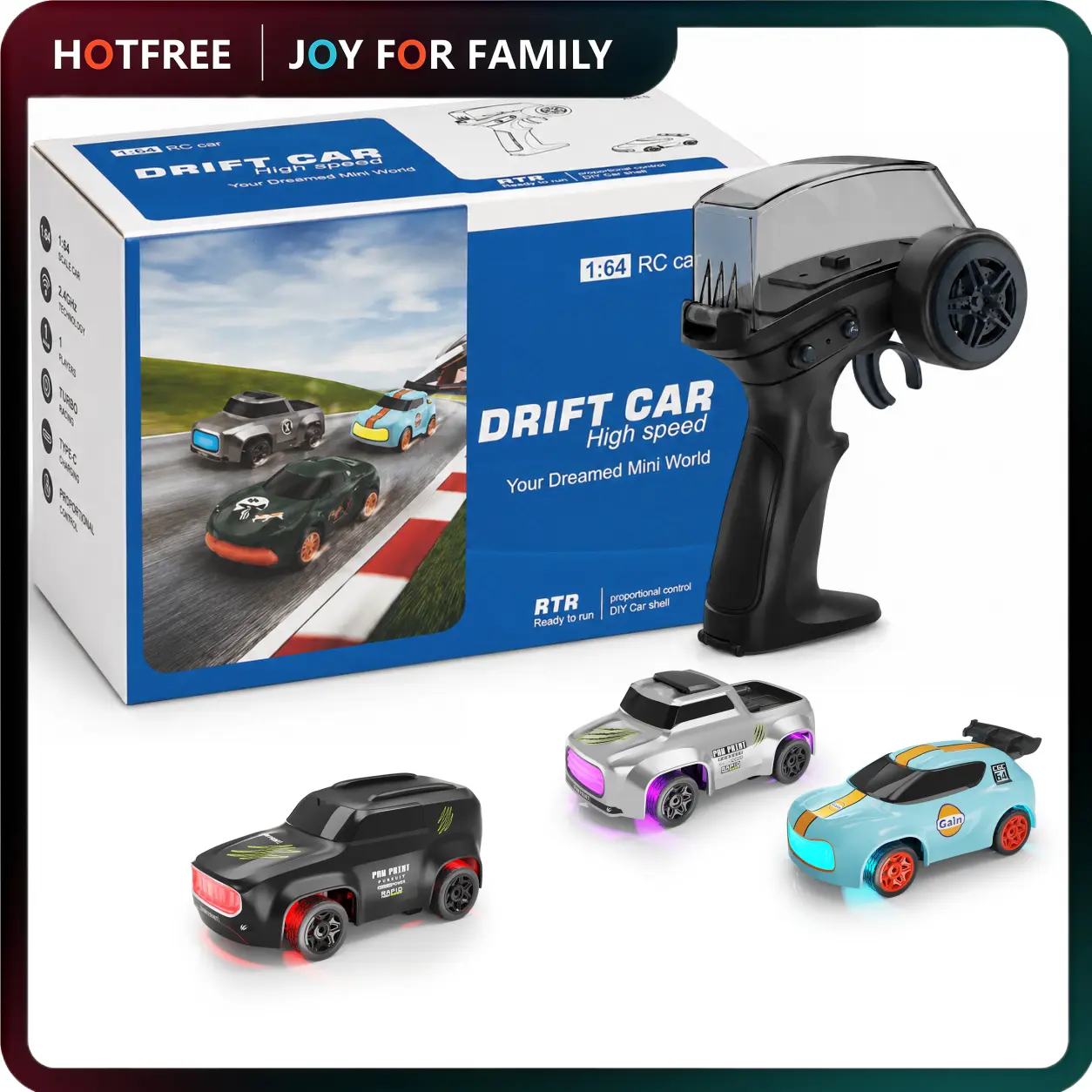 Hotfree Mini RC Drift Car, 1/64 Scale 4WD Remote Control Car with LED Lights & DIY Custom Stickers, RC Monster Truck, Fun Desktop Play, Birthday Christmas Gift for Boys & Kids