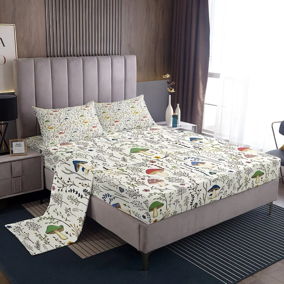 Feelyou Kawaii Botanical Microfiber Bedsheet Set - Cartoon Mushroom Flower Printed Bedding, Breathable Sheets, Fitted Sheets for Kids' Bedroom Decor (King/Queen Bedding Sets)