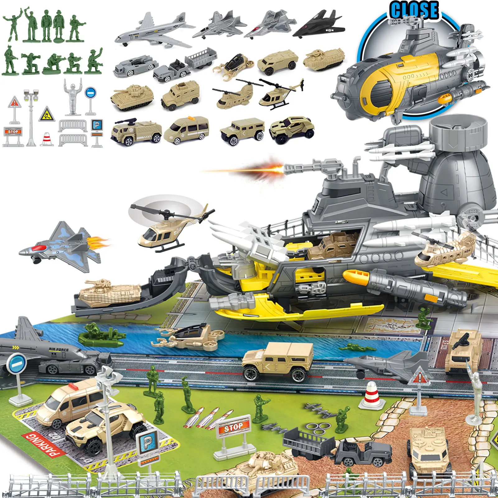 Unisex Military Toy Set - BPA-Free Lightweight Model Vehicles (Airplane, Tank, Truck, Helicopter, Fighter Jet, Submarine) with Army Figures, 20x20in House Decoration, STEM Learning Science Gift for 3-12 Year Olds (Birthday/Christmas), None
