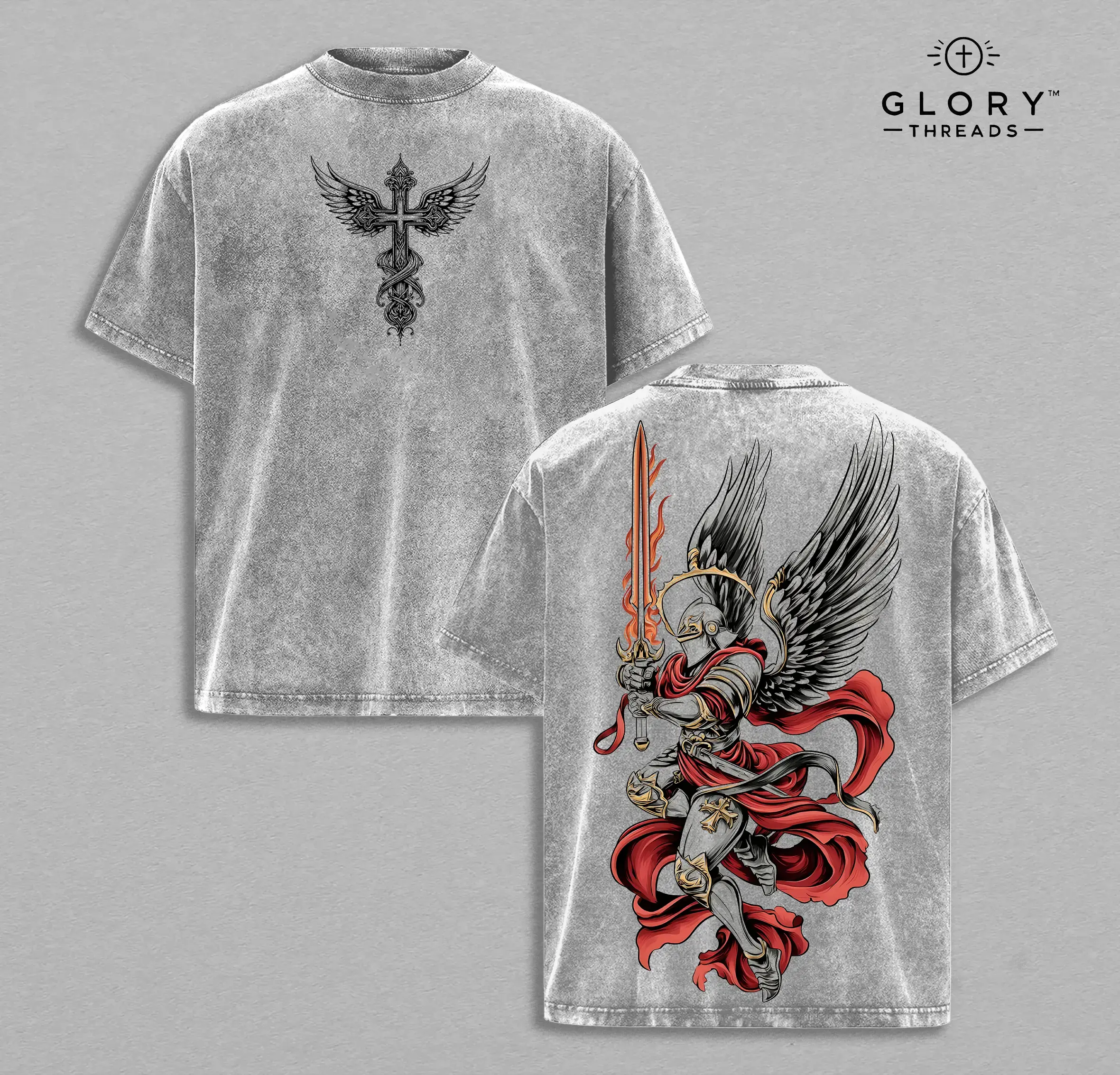 Men's Washed Archangel Michael Flaming Sword T-Shirt - Christian Warrior Angel Graphic Top, Armor of God Ribbed Oversized Religious Clothes, Divine Justice Faith Spiritual Battle Apparel, Tshirt, Shortsleeve, Cotton, Seamless, Pieces, Fabric, Printed, Rou