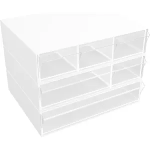 Desk Organizer 3 Tier Stackable Storage Drawers with 6 Compartments, White Plastic Stackable Supplies Drawer Organizer for Office, , School