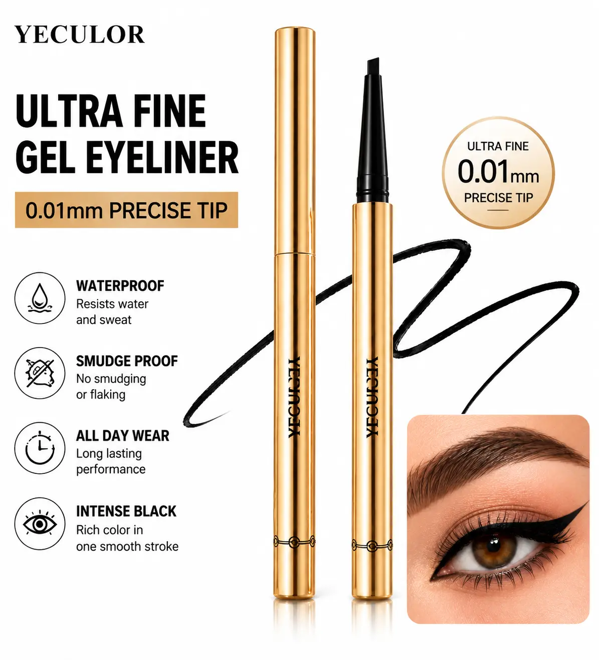 YECULOR Ultra Fine Gel Eyeliner Pencil, Waterproof Smudge Proof Eyeliner with 0.01mm Precision Tip, Long Lasting Winged Cat Eye Makeup for Beginners, TikTok Viral Eye Makeup