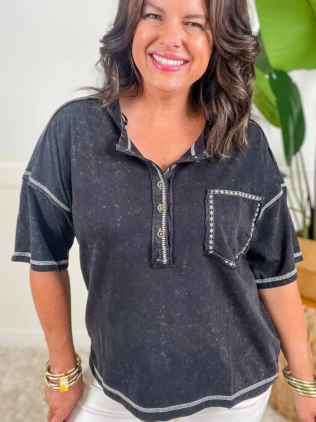Black Washed Short Sleeve Top S-L by New In