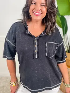 Black Washed Short Sleeve Top S-L by New In