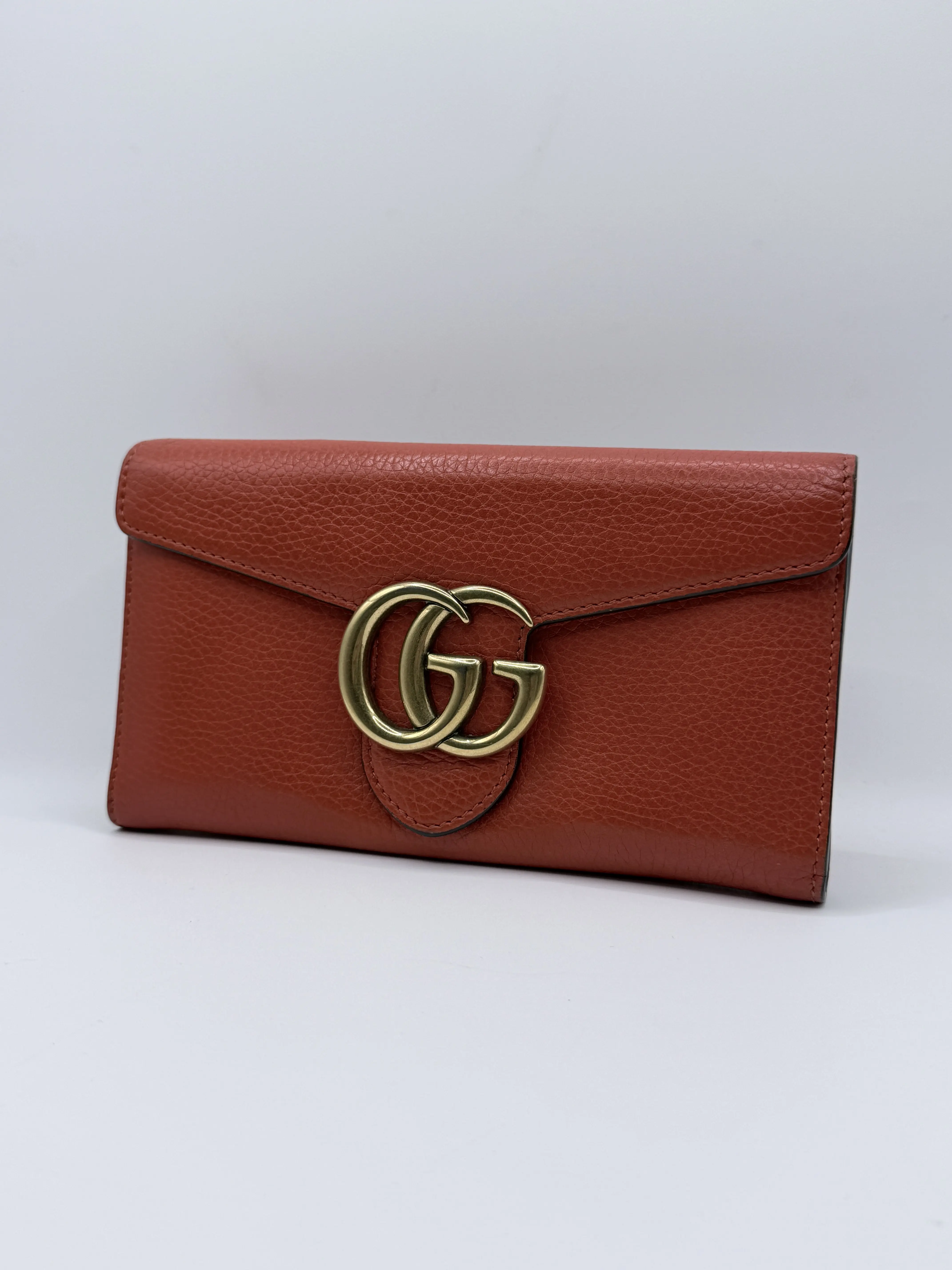 Pre-owned GUCCI Leather Flap Wallet GG Marmont Continental Flap Long Wallet Red Gold Logo JD933GG