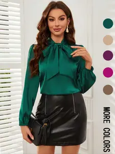 Vintage Fashion Lantern Sleeve Design Bow Tie Neck Belt Satin Shirt Blouse, Elegant Women's Top, Perfect for Parties & Special Occasions