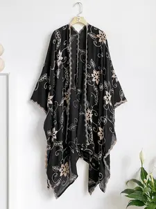 Elegant Leaf Embroidered Split Scarf, Loose Fit Conceals Belly, Versatile for Beach, Commute, Dates, All Seasons Fashion Accessory