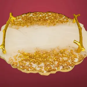 White & Gold Resin Round Tray with Gold Leaf Flakes Handmade Geode Design 10-inch Epoxy Resin Vanity Tray for Home Decor & Special Occasions