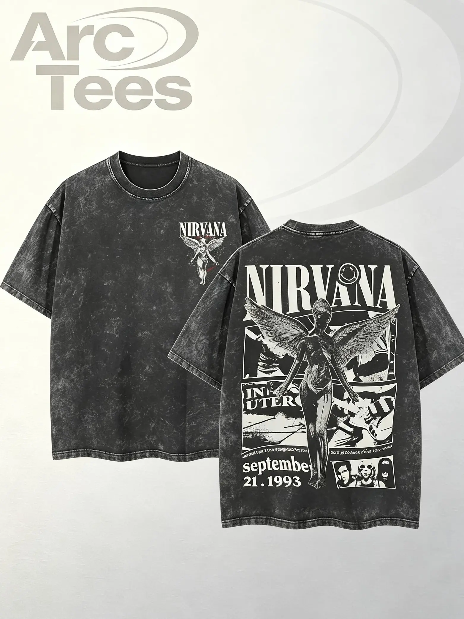 [ArcT] Retro Limited Nirvana Band Tour Black 2-Sided Vintage Tee Graphic Unisex Oversize Rock Band Washed Heavyweight Cotton T-shirt Gift For Rock Music Lovers Vintage Band Shirts Casual Fabric Fit Top Womenswear Streetwear