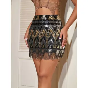 Women's retro ethnic style retro sequin patchwork slim fit skirt, sexy music festival mini skirt, suitable for party