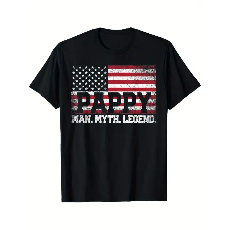 "Pappy The Man, The Myth, The Legend" Patriotic Men's Oversized Vintage Streetwear Tshirt - Black American Flag Graphic, Casual Loose-Fit Short Sleeve Round Neck Top, Father's Day Gift for Grandfathers